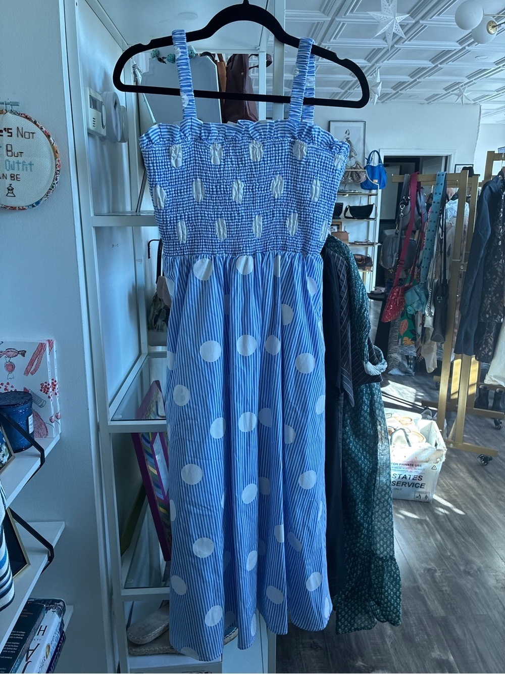 English Factory Blue & White Polka Dot Smocked Sundress